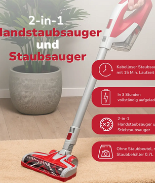 Der Dirt Devil DD9003 Akku Staubsauger in Rot und Silber steht auf einem Teppich, während deutscher Text die vielfältigen Funktionen dieses kabellosen 2-in-1 Stielstaubsaugers beschreibt.