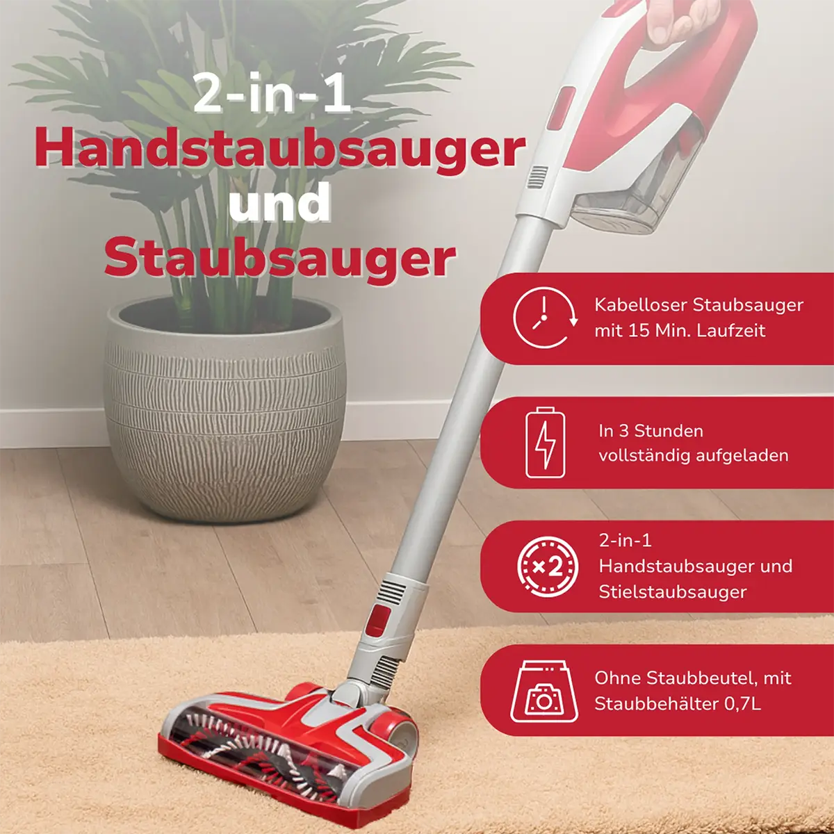 Der Dirt Devil DD9003 Akku Staubsauger in Rot und Silber steht auf einem Teppich, während deutscher Text die vielfältigen Funktionen dieses kabellosen 2-in-1 Stielstaubsaugers beschreibt.