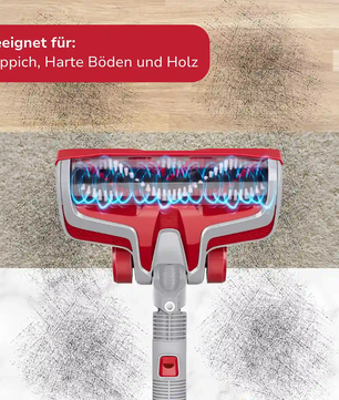 Der rote Dirt Devil DD9003 Akku Staubsauger reinigt Teppich, Hartboden und Holz und nimmt den Schmutz effizient auf; er ist für alle drei Oberflächen geeignet.