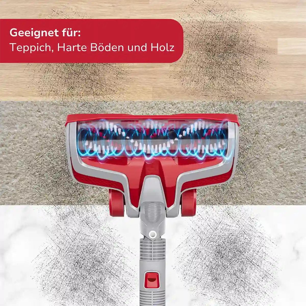 Der rote Dirt Devil DD9003 Akku Staubsauger reinigt Teppich, Hartboden und Holz und nimmt den Schmutz effizient auf; er ist für alle drei Oberflächen geeignet.