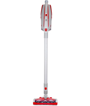Der Dirt Devil DD9003 Akku Staubsauger in Rot steht aufrecht vor einem weißen Hintergrund; dieser kabellose Staubsauger von Dirt Devil lässt sich leicht für eine flexible, kabellose Reinigung umwandeln.