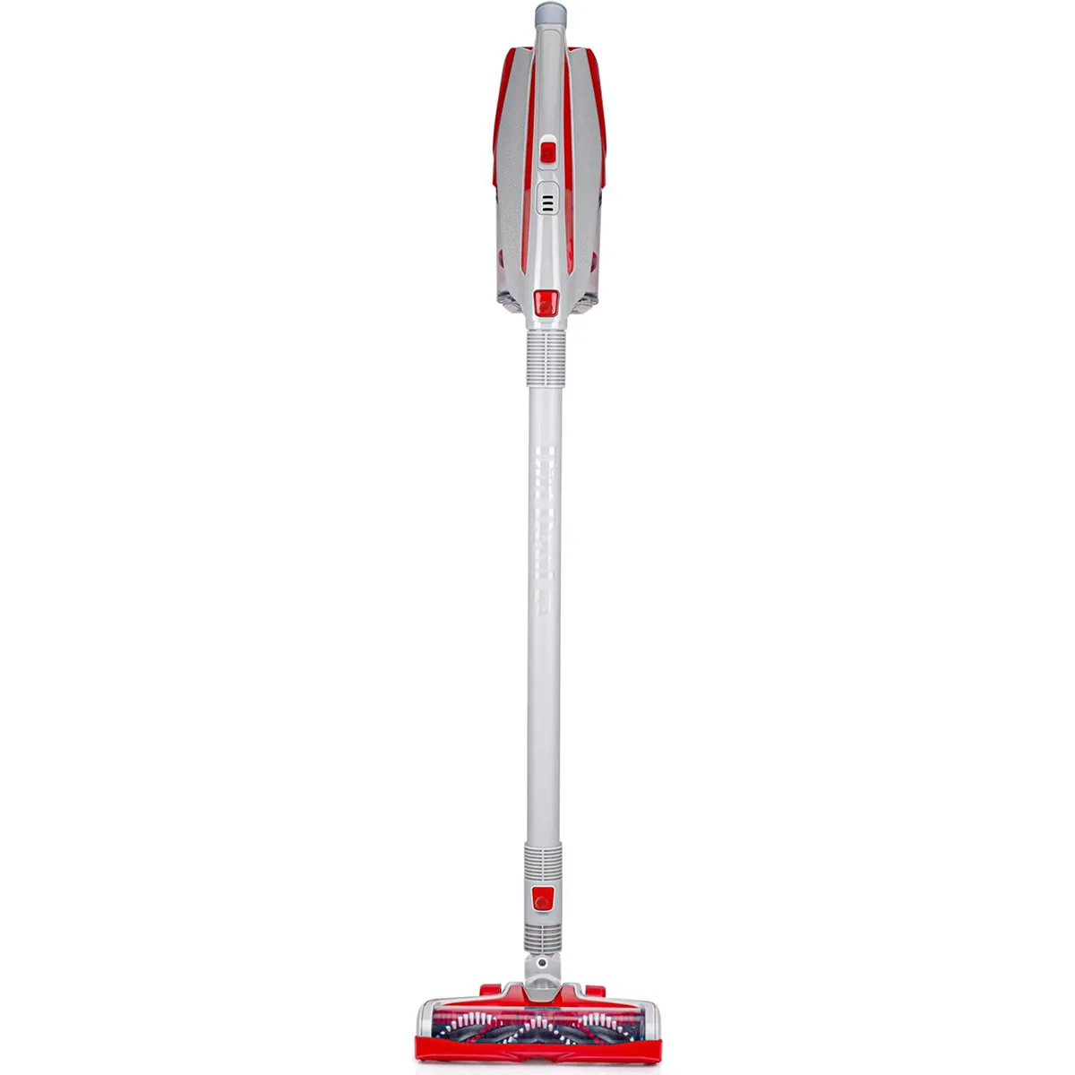 Der Dirt Devil DD9003 Akku Staubsauger in Rot steht aufrecht vor einem weißen Hintergrund; dieser kabellose Staubsauger von Dirt Devil lässt sich leicht für eine flexible, kabellose Reinigung umwandeln.