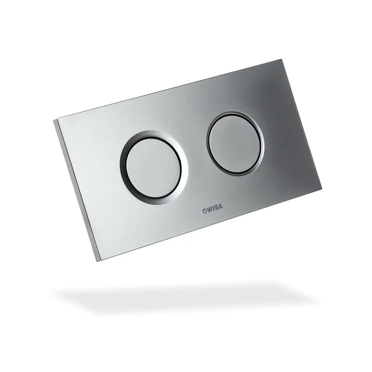 Wisa WISA XT Juno DF Drückerplatte – Chrom mit zwei runden Knöpfen, einem großen und einem kleinen, isoliert auf weißem Hintergrund. Dieses moderne Design eignet sich ideal für WC-Elemente wie die WISA XT Drückerplatte und vereint Funktionalität mit zeitgemäßem Stil.