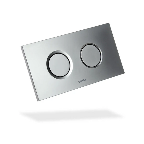 Wisa WISA XT Juno DF Drückerplatte – Chrom mit zwei runden Knöpfen, einem großen und einem kleinen, isoliert auf weißem Hintergrund. Dieses moderne Design eignet sich ideal für WC-Elemente wie die WISA XT Drückerplatte und vereint Funktionalität mit zeitgemäßem Stil.