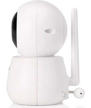 Seitenansicht des Alecto Babyphone mit HD-Kamera von Alecto, mit weißem Gehäuse, schwarzer Linse, aufrechter Antenne und 5 Zoll Farbdisplay - ideal für die Überwachung Ihres Kindes mit klaren HD-Videos.