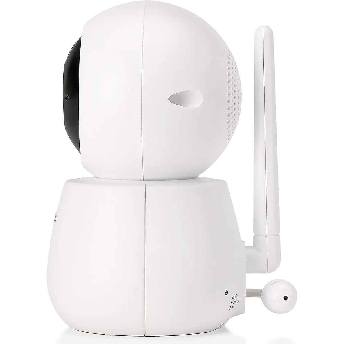 Seitenansicht des Alecto Babyphone mit HD-Kamera von Alecto, mit weißem Gehäuse, schwarzer Linse, aufrechter Antenne und 5 Zoll Farbdisplay - ideal für die Überwachung Ihres Kindes mit klaren HD-Videos.