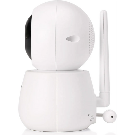 Seitenansicht des Alecto Babyphone mit HD-Kamera von Alecto, mit weißem Gehäuse, schwarzer Linse, aufrechter Antenne und 5 Zoll Farbdisplay - ideal für die Überwachung Ihres Kindes mit klaren HD-Videos.