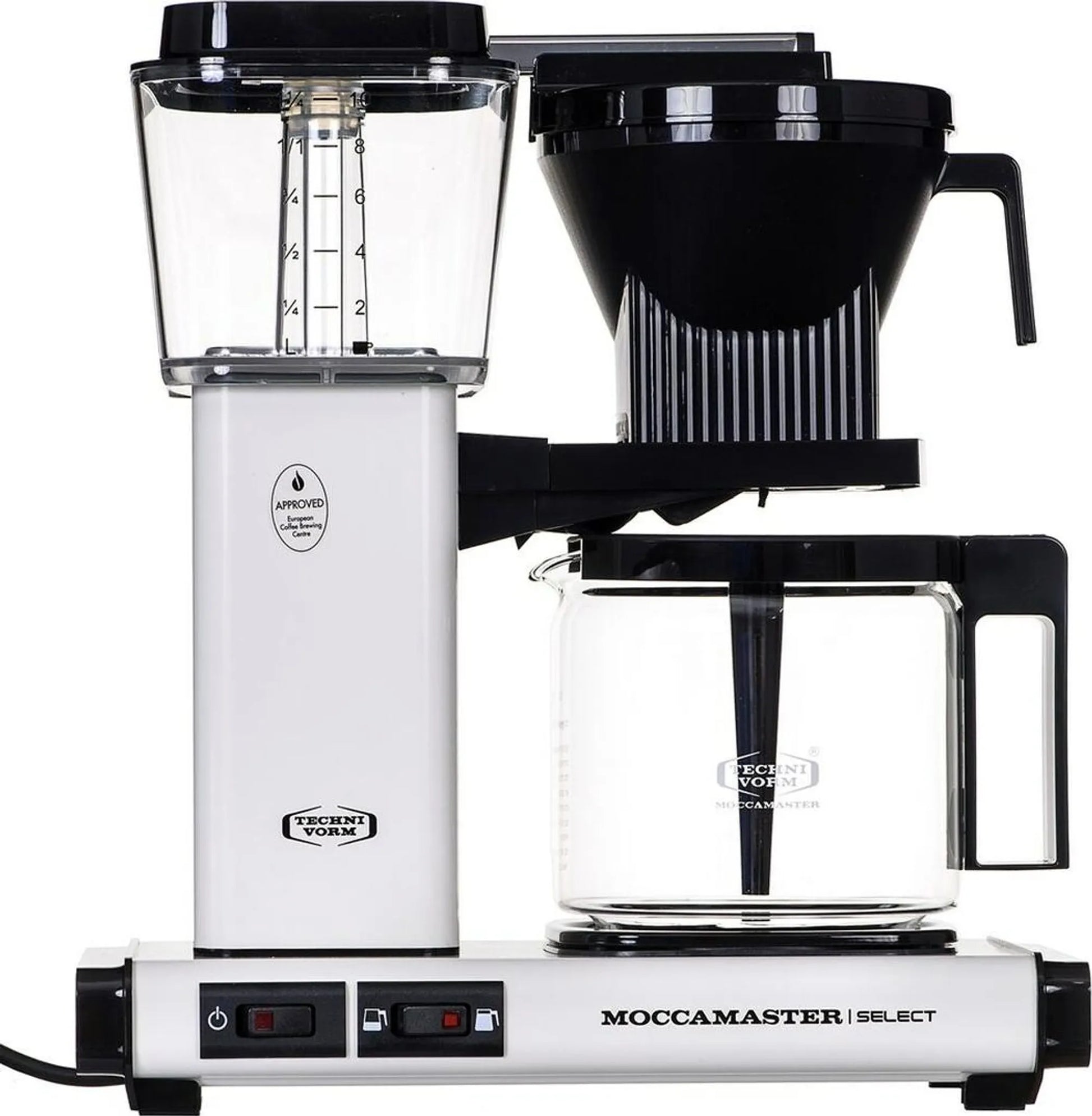 Die Technivorm Moccamaster KBG Select Filterkaffeemaschine – weiß verfügt über eine Glaskanne, schwarze Akzente und benutzerfreundliche Bedienelemente am Sockel und sorgt jedes Mal für eine hervorragende Kaffeezubereitung.