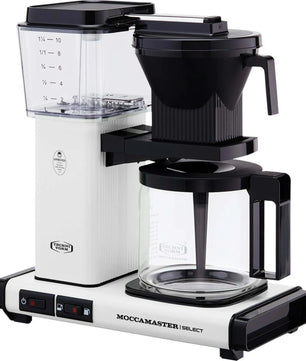 Die Technivorm Moccamaster KBG Select Filterkaffeemaschine – weiß verfügt über eine Glaskanne, einen Wassertank und schwarze Brühkomponenten für eine stets perfekte Kaffeezubereitung.
