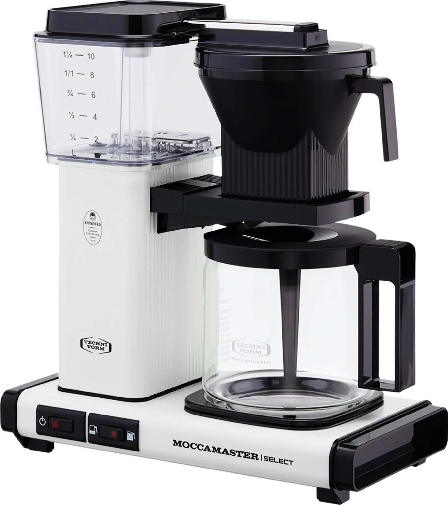 Die Technivorm Moccamaster KBG Select Filterkaffeemaschine – weiß verfügt über eine Glaskanne, einen Wassertank und schwarze Brühkomponenten für eine stets perfekte Kaffeezubereitung.