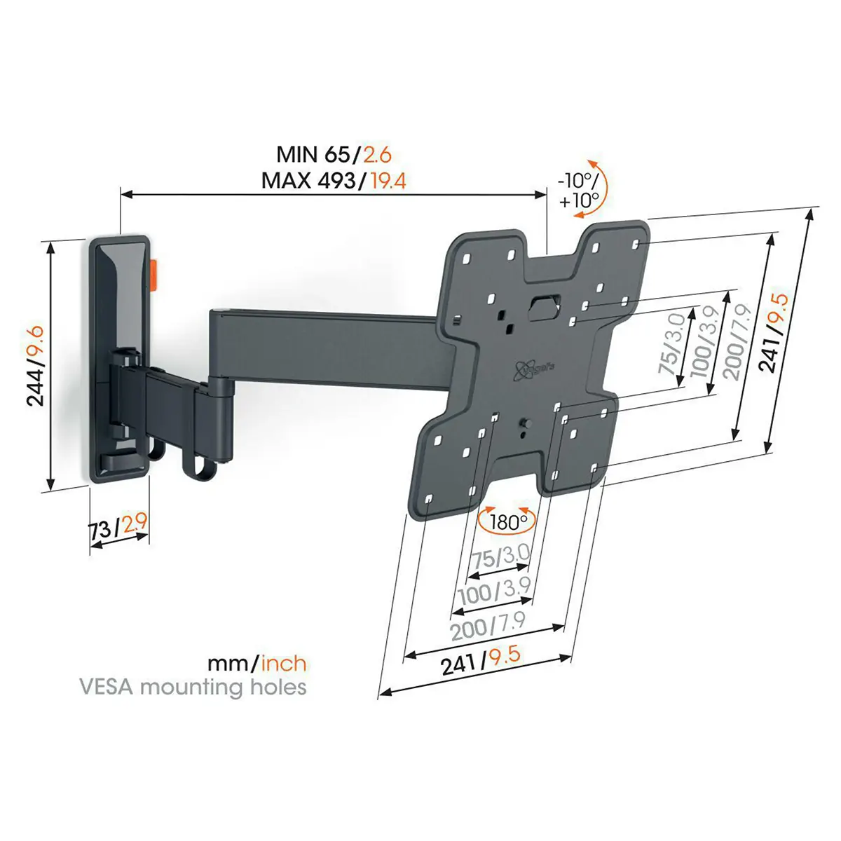 Vogels TVM 3245 TV-Wandhalterung – schwarz, eine schwenk- und neigbare Wandhalterung für flexible Blickwinkel. Geeignet für VESA 75x75 bis 200x200, inklusive detaillierter Maße in mm und Zoll.
