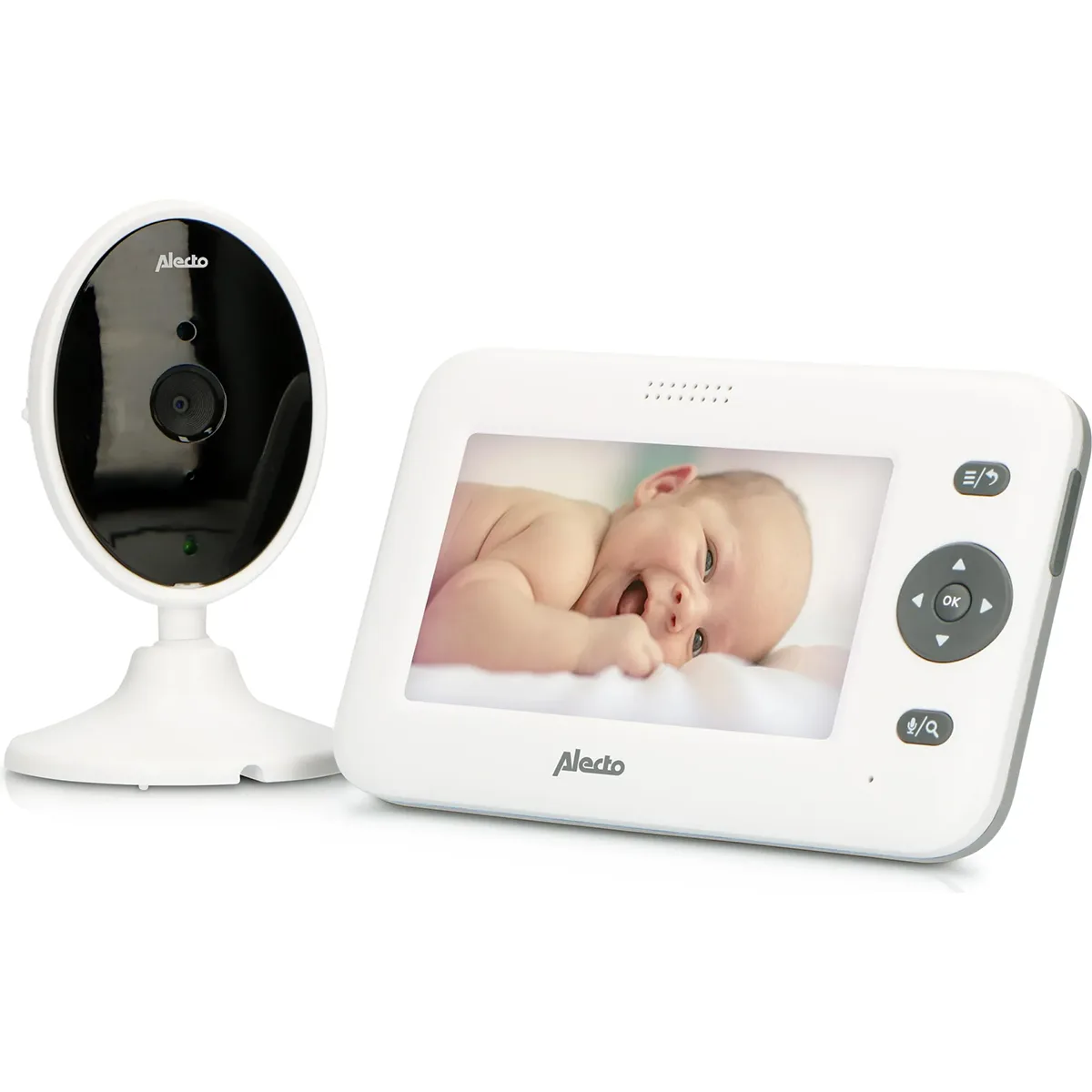 Das Alecto DVM-140 Babyphone von Alecto zeigt auf seinem Bildschirm ein lächelndes Baby beim Liegen.
