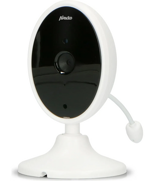 Das Alecto DVM-140 Babyphone von Alecto hat ein weißes Design mit schwarzer Frontplatte, flexibler Antenne, runder Basis und 2-Wege-Kommunikation für einfache Interaktion und klare Videoüberwachung.