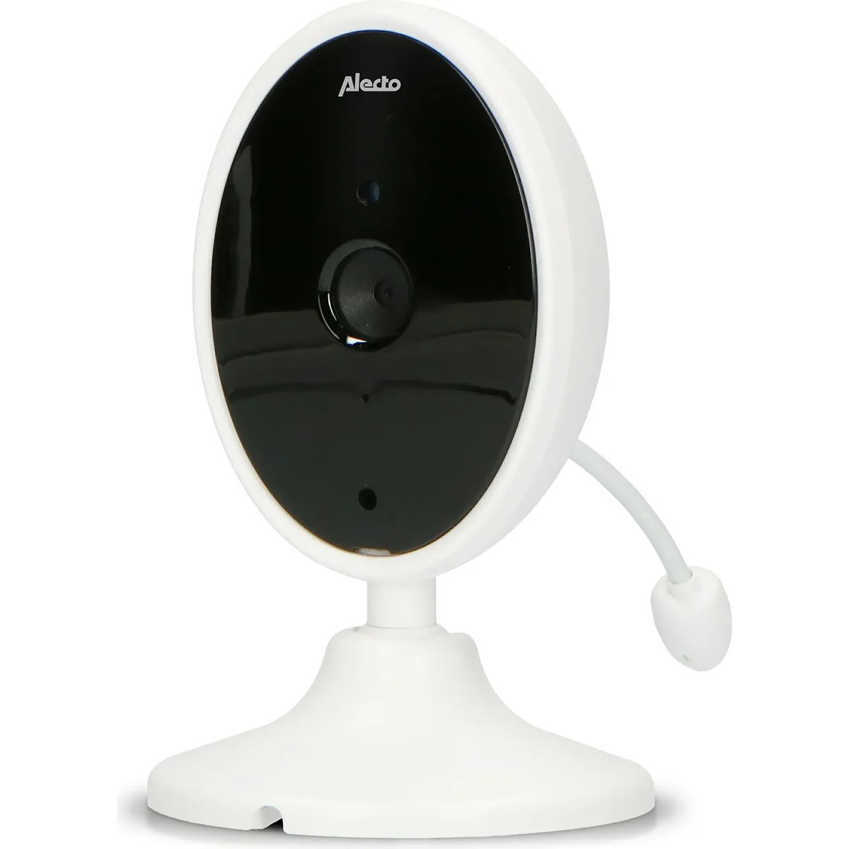 Das Alecto DVM-140 Babyphone von Alecto hat ein weißes Design mit schwarzer Frontplatte, flexibler Antenne, runder Basis und 2-Wege-Kommunikation für einfache Interaktion und klare Videoüberwachung.