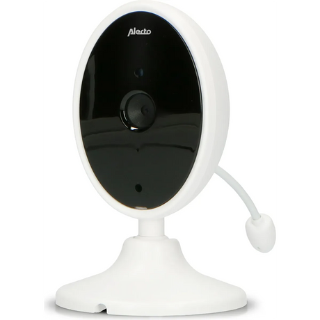 Das Alecto DVM-140 Babyphone von Alecto hat ein weißes Design mit schwarzer Frontplatte, flexibler Antenne, runder Basis und 2-Wege-Kommunikation für einfache Interaktion und klare Videoüberwachung.
