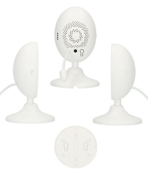 Das Alecto DVM-140 Babyphone von Alecto, mit rundem Sockel, Mikrofon und 2-Wege-Kommunikation, ideal als Video-Babyphone mit Nachtsicht, in drei Ansichten und von unten.