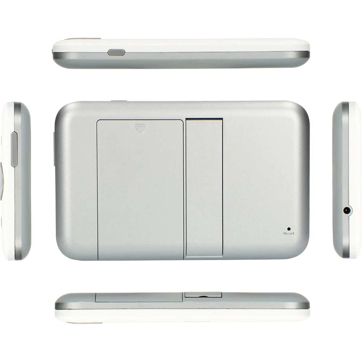 Ein silbernes, rechteckiges Alecto DVM-140 Babyphone von Alecto mit Nachtsichtfunktion wird aus fünf Blickwinkeln vor einem weißen Hintergrund gezeigt.