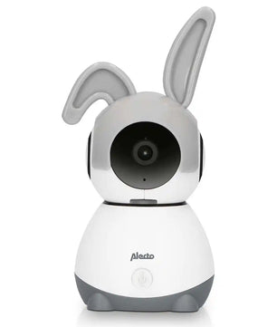 Das Alecto SmartBaby 10 Video-Babyphone von Alecto ist ein weißes Babyphone in Hasenform mit großen grauen Ohren, einem HD-Kameraobjektiv und WLAN-Konnektivität für eine einfache App-Steuerung und Smartphone-Überwachung.