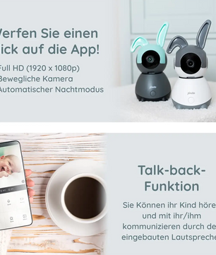 Gezeigt werden zwei Alecto SMARTBABY10BK WLAN-Babyphones mit Kameras (schwarz) und einer Telefon-App, wobei die Funktionen Talkback und Infrarot-Nachtsicht hervorgehoben werden.