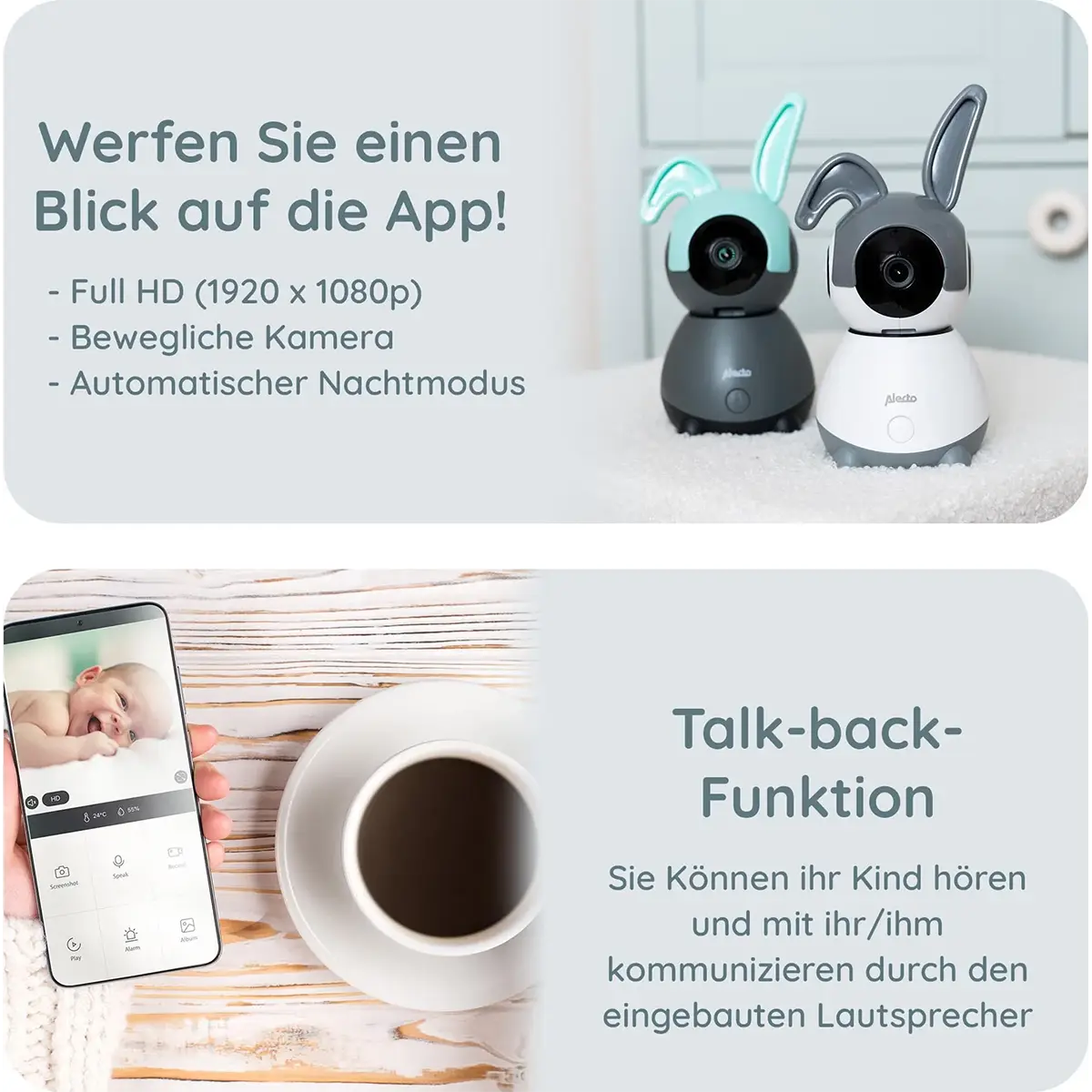 Gezeigt werden zwei Alecto SMARTBABY10BK WLAN-Babyphones mit Kameras (schwarz) und einer Telefon-App, wobei die Funktionen Talkback und Infrarot-Nachtsicht hervorgehoben werden.