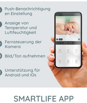 Eine Hand hält ein Smartphone, auf dem ein Baby abgebildet ist; der deutsche Text auf der linken Seite hebt die Funktionen der Alecto SMARTBABY10BK WLAN-Babyphone mit Kamera (Schwarz) Smartlife App wie Full-HD-Kamera und WLAN-Babyphone hervor.