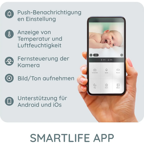 Eine Hand hält ein Smartphone, auf dem ein Baby abgebildet ist; der deutsche Text auf der linken Seite hebt die Funktionen der Alecto SMARTBABY10BK WLAN-Babyphone mit Kamera (Schwarz) Smartlife App wie Full-HD-Kamera und WLAN-Babyphone hervor.
