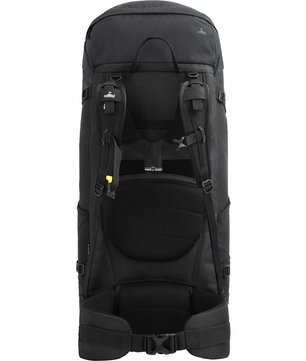 Der NOMAD Batura 70 l Trekkingrucksack in Schwarz von NOMAD ist von hinten abgebildet und verfügt über gepolsterte Schultergurte, einen Hüftgurt und mehrere Verstellriemen.