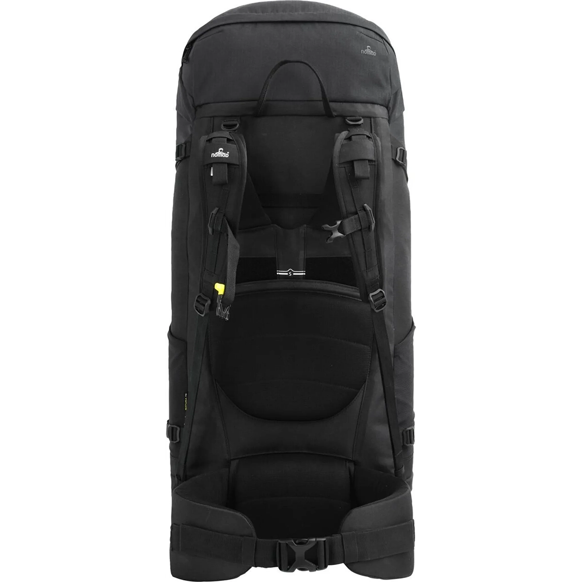 Der NOMAD Batura 70 l Trekkingrucksack in Schwarz von NOMAD ist von hinten abgebildet und verfügt über gepolsterte Schultergurte, einen Hüftgurt und mehrere Verstellriemen.