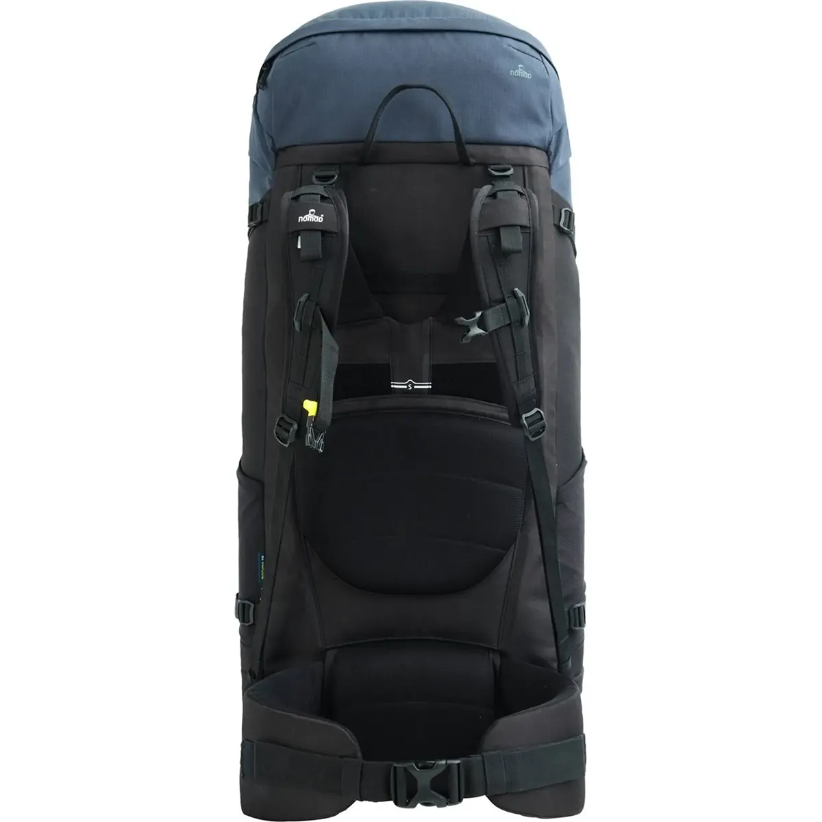 Der NOMAD Batura 70 l Trekkingrucksack in Blau, hier von hinten, hat gepolsterte Schultergurte - ideal für längere Touren.