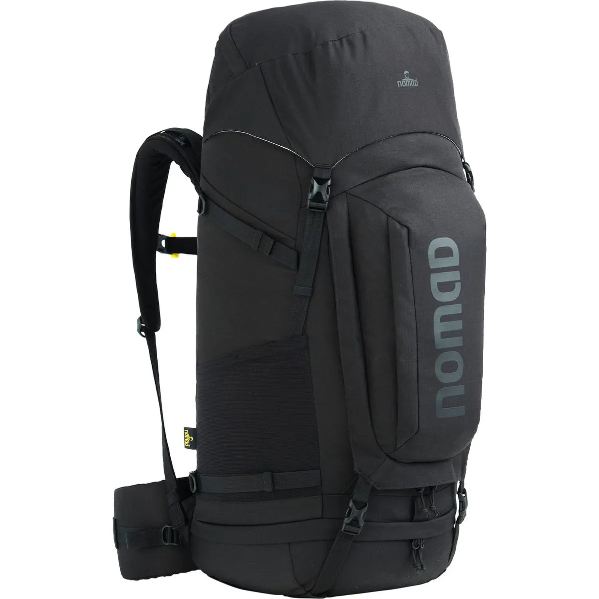 Der NOMAD Batura 55 l Trekkingrucksack in Schwarz verfügt über mehrere Gurte und gepolsterte Schulter- und Hüftstützen für komfortables Wandern.