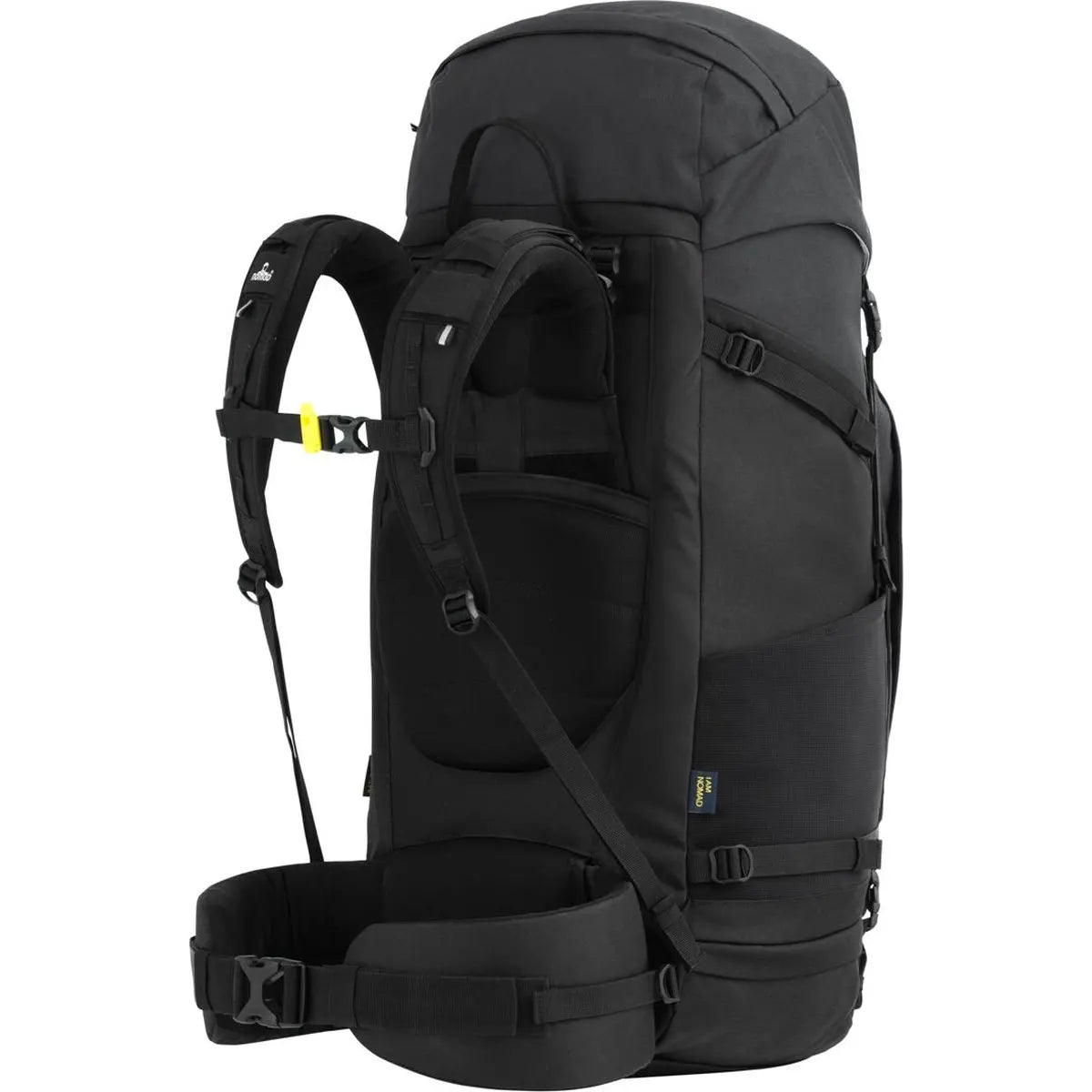 Der NOMAD Batura 55 l Trekkingrucksack in Schwarz ist ein geräumiger schwarzer Reiserucksack mit gepolsterten Schultergurten, einem Hüftgurt und mehreren Fächern, der hochkant abgebildet ist.