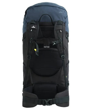 Der NOMAD Batura 55 l Trekkingrucksack in Blau mit mehreren Trägern und einem gepolsterten Hüftgurt ist aufrecht auf weißem Grund abgebildet.