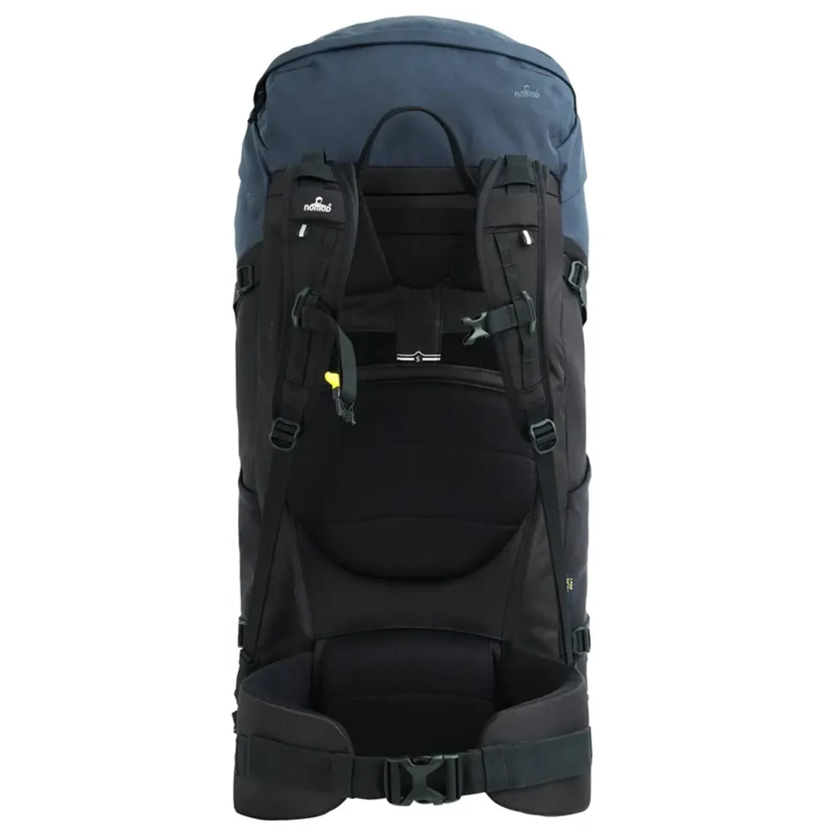 Der NOMAD Batura 55 l Trekkingrucksack in Blau mit mehreren Trägern und einem gepolsterten Hüftgurt ist aufrecht auf weißem Grund abgebildet.