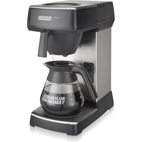 Die Bravilor Bonamat Novo Kaffeemaschine - schwarz ist eine stilvolle Filterkaffeemaschine mit einer Glaskaraffe, ideal als Kaffeemaschine fürs Büro.
