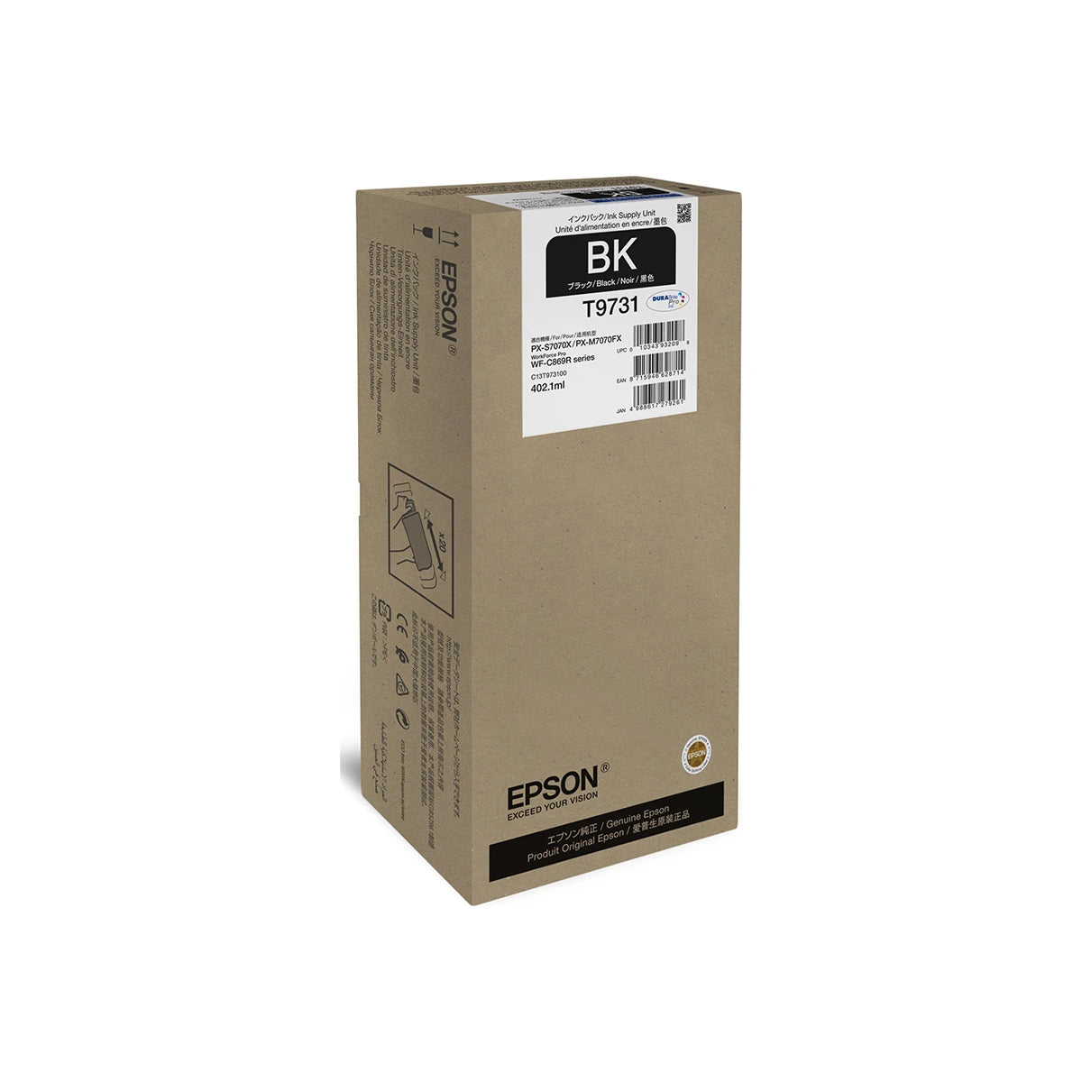Original Epson C13T97310N / T9731 Tintenpackung in Schwarz, mit Produktetikett und Angaben auf der Vorderseite, geeignet für den WorkForce Pro WF-C869R. Die hochwertige Epson-Tinte sorgt für hervorragende Druckergebnisse.