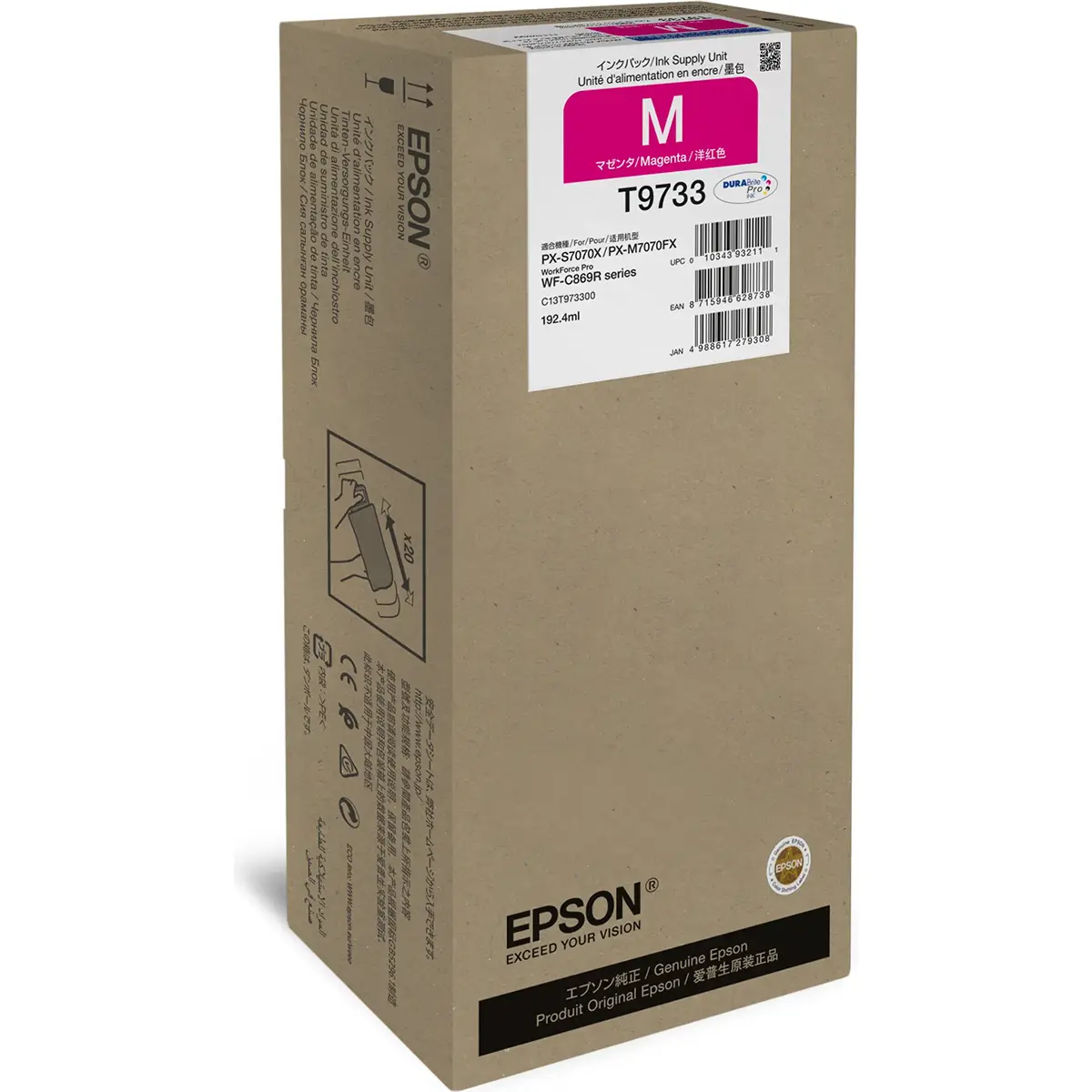 Auf der Vorderseite der Epson-Tintenpackung C13T973300 / T9733 in Magenta sind Angaben zu DURABrite Pro und zur Produktreihe sowie das Epson-Logo abgebildet.
