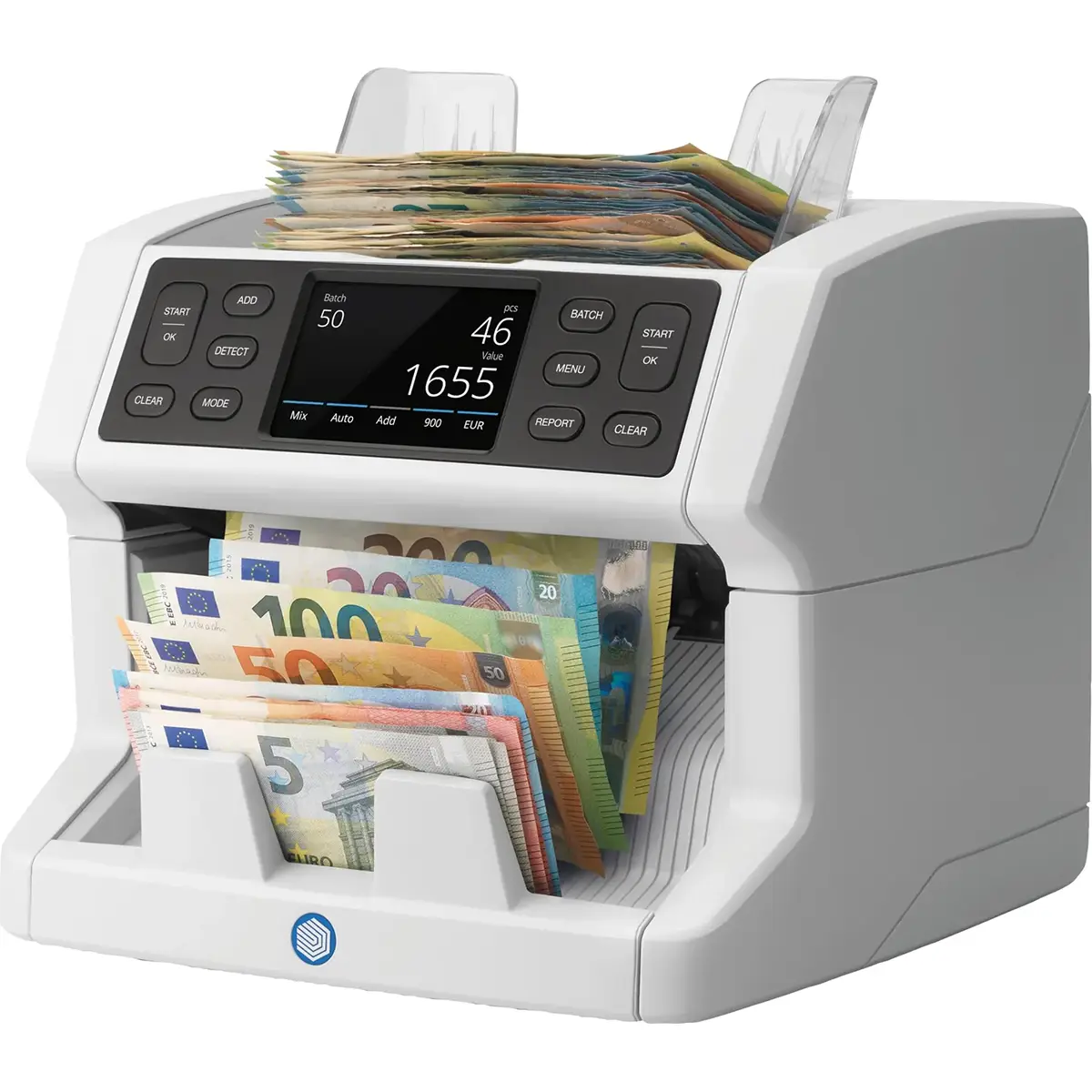 Der Safescan 2865-S Banknotenzähler – weiß von Safescan zählt einen Stapel verschiedener Euro-Banknoten und zeigt die Zählergebnisse auf seinem digitalen Display an.
