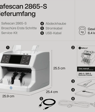 Safescan 2865-S Banknotenzähler – weiß von Safescan, inklusive Bedienungsanleitung, Abdeckung, Service-Kit, USB- und Netzkabel.
