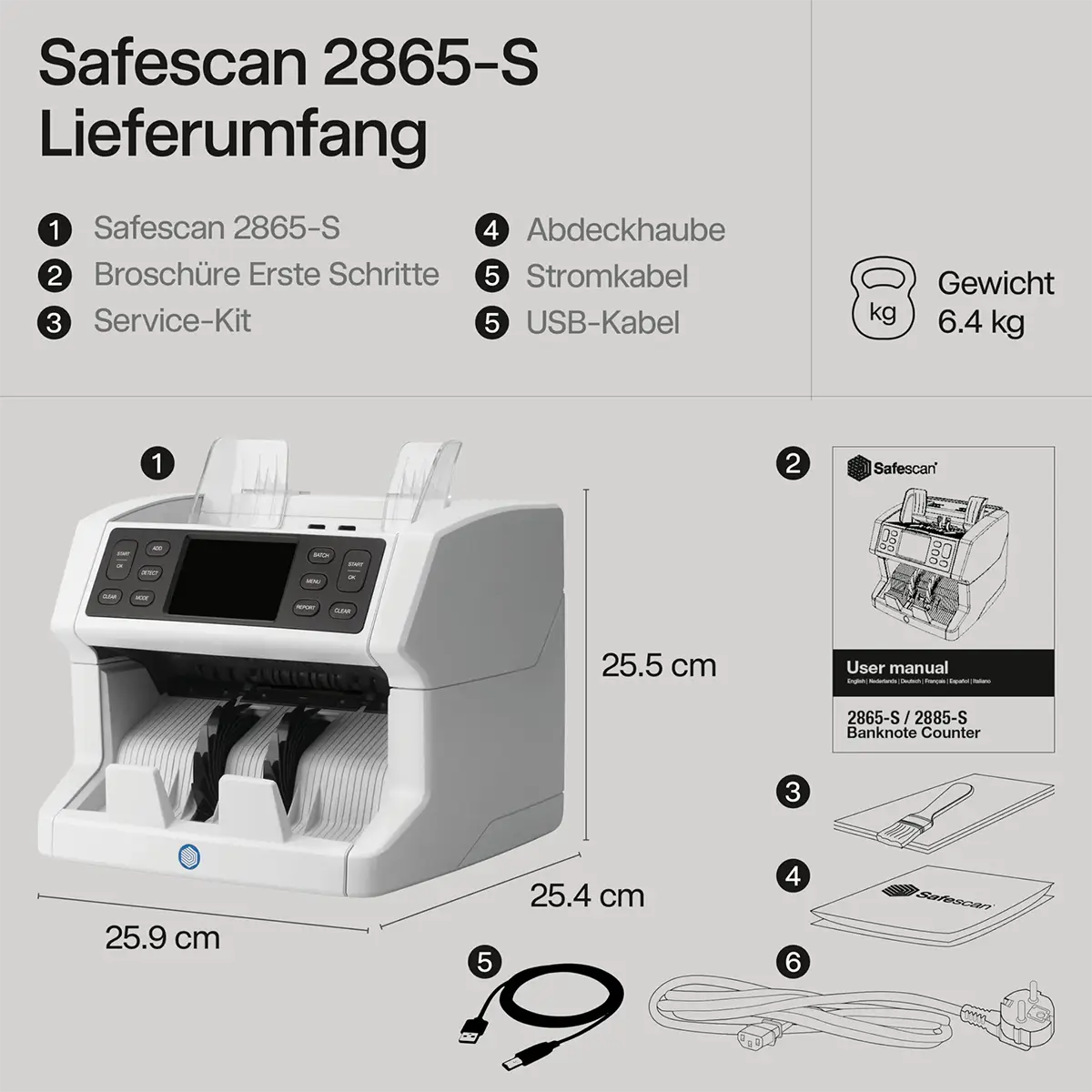 Safescan 2865-S Banknotenzähler – weiß von Safescan, inklusive Bedienungsanleitung, Abdeckung, Service-Kit, USB- und Netzkabel.