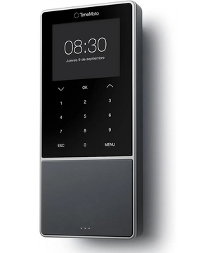 Das TimeMoto Zeiterfassungssystem - Schwarz von TimeMoto ist eine moderne wandmontierte Digitaluhr mit einem Display, das Uhrzeit und Datum in Spanisch anzeigt - ideal für die digitale Arbeitszeiterfassung in jedem Arbeitsbereich.