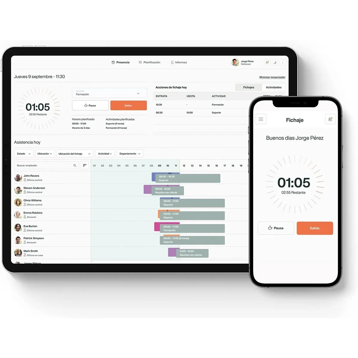 Ein Tablet und ein Smartphone zeigen eine App zur Zeiterfassung an, die das TimeMoto Zeiterfassungssystem - Schwarz für eine effiziente digitale Zeiterfassung nutzt.