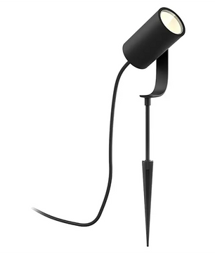 Philips Hue Lily LED-Gartenspot in Schwarz: Stilvoller Außenspot von Philips mit zylindrischem Kopf, Erdspieß und integriertem Anschlusskabel – ideal als Außenstrahler für eine stimmungsvolle Beleuchtung Ihres Gartens.