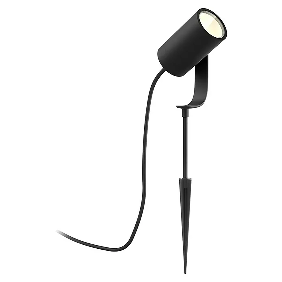 Philips Hue Lily LED-Gartenspot in Schwarz: Stilvoller Außenspot von Philips mit zylindrischem Kopf, Erdspieß und integriertem Anschlusskabel – ideal als Außenstrahler für eine stimmungsvolle Beleuchtung Ihres Gartens.