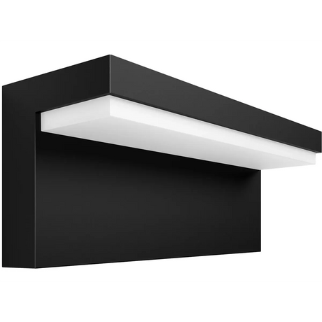 Die Philips Hue Nyro Outdoor Wandleuchte in Schwarz von Philips bietet ein weißes, horizontales Lichtpanel - ideal als stilvolle Außenleuchte für moderne Gartenbeleuchtung.
