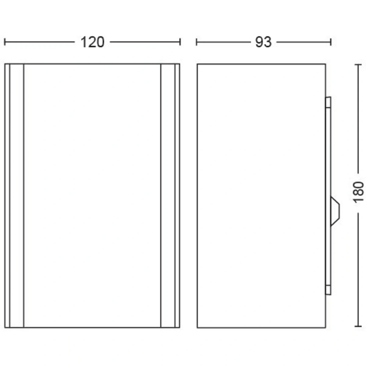 Strichzeichnung eines rechteckigen Objekts – ähnlich der „Philips Hue Resonate White and Color Außenwandleuchte – Edelstahl“ von Philips – mit den Abmessungen 120 x 93 x 180, dargestellt in Vorder- und Seitenansicht. Diese Außenwandleuchte ist zur genauen visuellen Orientierung detailliert dargestellt.