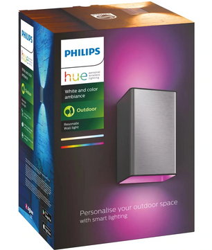 Philips Hue Resonate White and Color Außenwandleuchte – Edelstahlgehäuse von Philips, mit einem Produktbild und einem lebendigen weiß-violetten „Color Ambiance“-Lichteffekt für den Außenbereich.