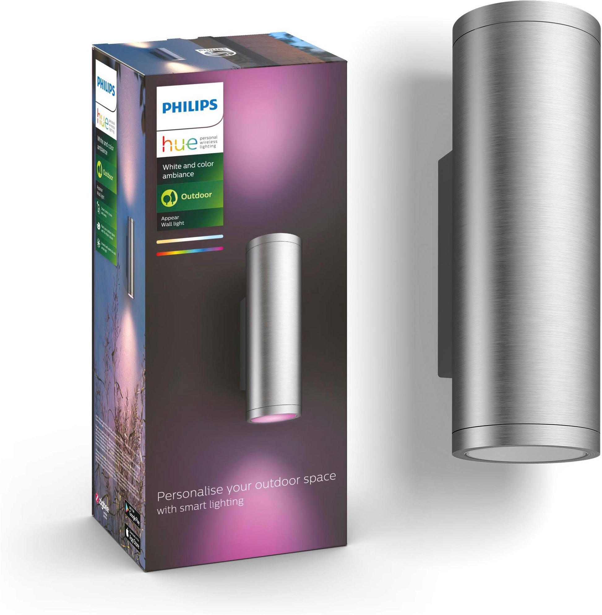 Die Philips Hue Appear Ambiance Außenwandleuchte – silber von Philips wird zusammen mit ihrer farbenfrohen Verpackung präsentiert, die die Produktdetails und die intelligenten Beleuchtungsfunktionen hervorhebt – damit ist sie ideal für alle, die nach innovativen Smart-Home-Beleuchtungslösungen für ihre Außenbereiche suchen.