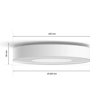 Die Philips Hue Xamento LED-Deckenleuchte – weiß (Ø 425 mm, Höhe 84 mm) ist in einer Seitenansicht abgebildet und eignet sich perfekt als stilvolle Smart-Home-Deckenleuchte für das Badezimmer.