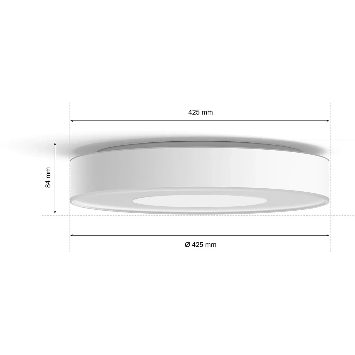 Die Philips Hue Xamento LED-Deckenleuchte – weiß (Ø 425 mm, Höhe 84 mm) ist in einer Seitenansicht abgebildet und eignet sich perfekt als stilvolle Smart-Home-Deckenleuchte für das Badezimmer.