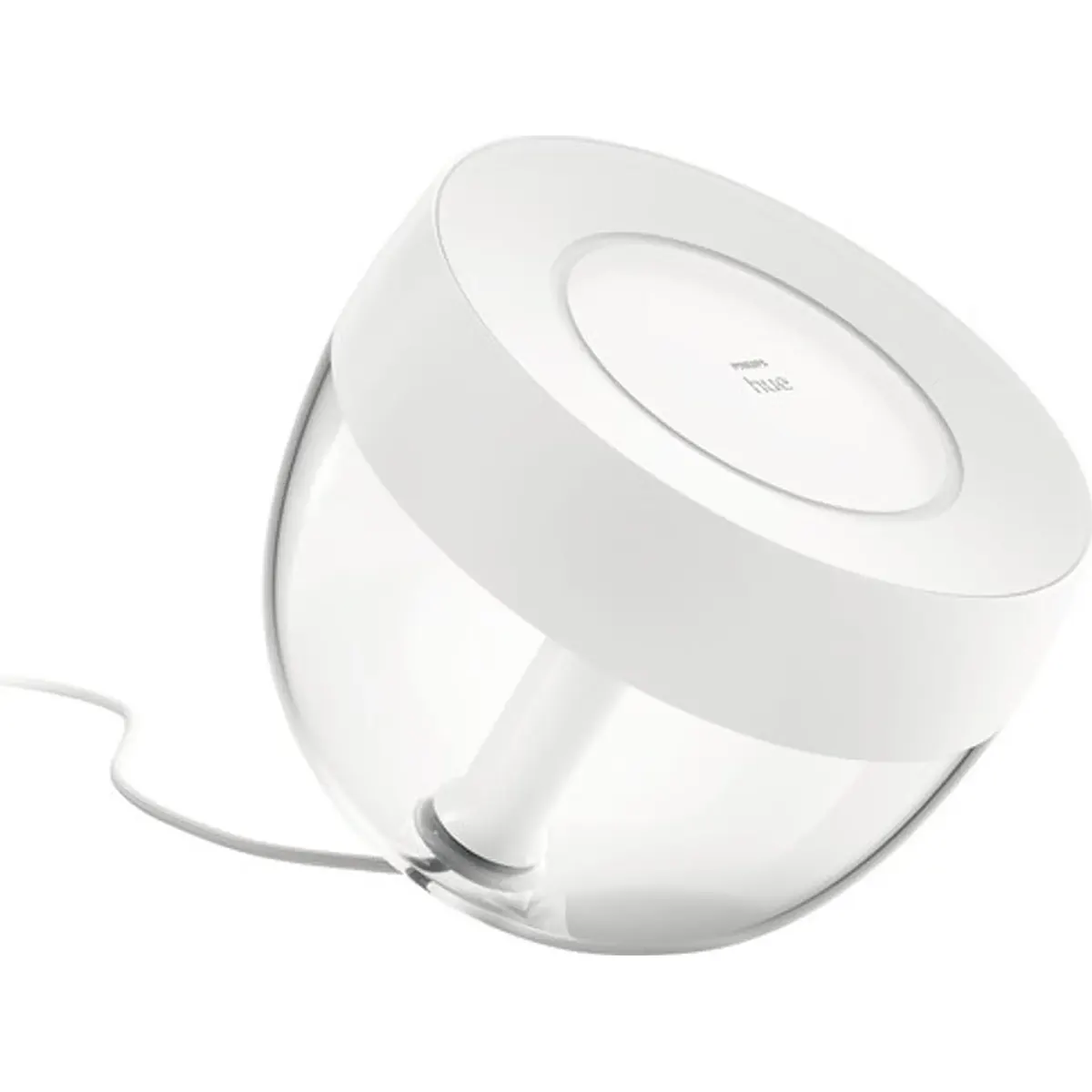Die Philips Hue Ambiance Iris Tischleuchte in Weiß von Philips besticht durch ihr modernes Design mit runder Form, klarem Sockel und Netzkabel – eine stilvolle, smarte Leuchte für stimmungsvolle Ambientebeleuchtung in jedem Raum.